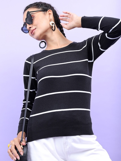 Tokyo Talkies Women Black & White Striped Acrylic Pullover Sweaters