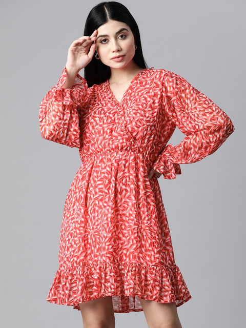 plusS Women Coral Abstract Print Bell Sleeves Dress With Ruffle Detail