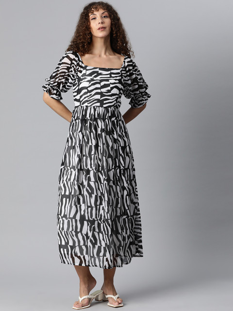 plusS Women Black & White Printed Square Neck Bell Sleeves Midi Dress with Ruffle Detail