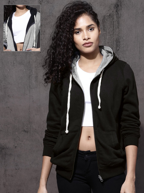 Roadster Women Black & Grey Melange Reversible Sweatshirt