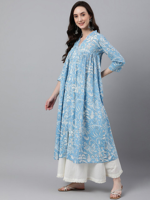Janasya Women Blue Cotton Floral Print Flared Kurta - Image 4