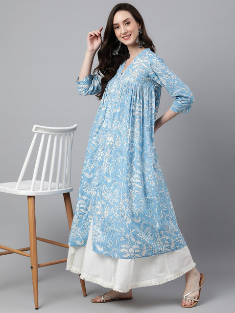 Janasya Women Blue Cotton Floral Print Flared Kurta - Image 7