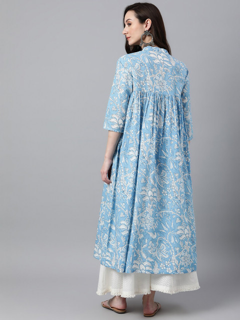 Janasya Women Blue Cotton Floral Print Flared Kurta - Image 5