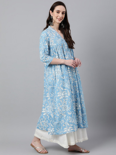 Janasya Women Blue Cotton Floral Print Flared Kurta - Image 3