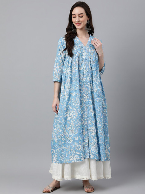 Janasya Women Blue Cotton Floral Print Flared Kurta