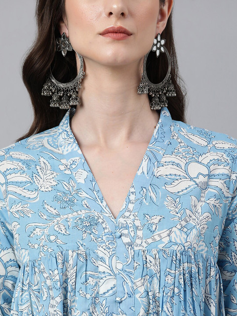 Janasya Women Blue Cotton Floral Print Flared Kurta - Image 2