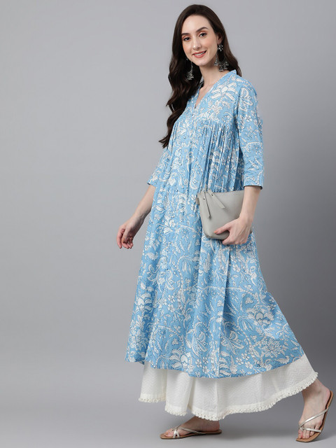Janasya Women Blue Cotton Floral Print Flared Kurta - Image 6