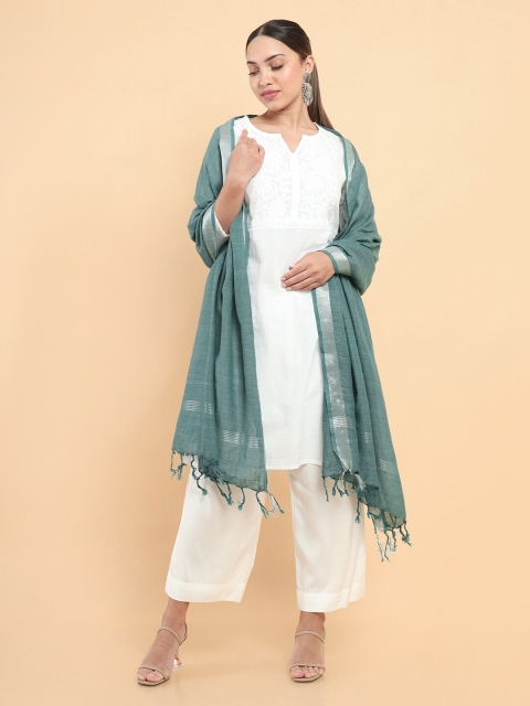 Soch Blue & Silver-Toned Solid Tasselled Dupatta