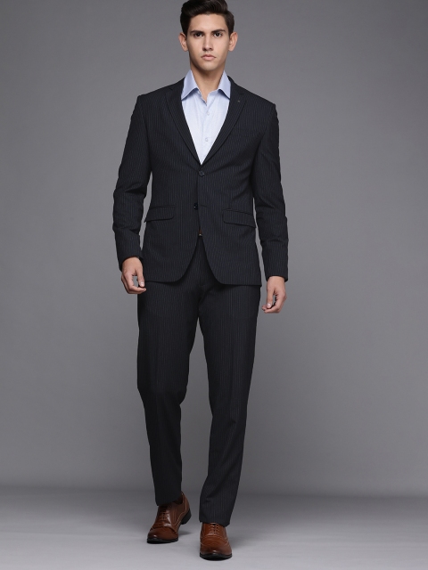 Louis Philippe Men Navy Blue & Grey Slim Fit Striped Single-Breasted Formal Suit
