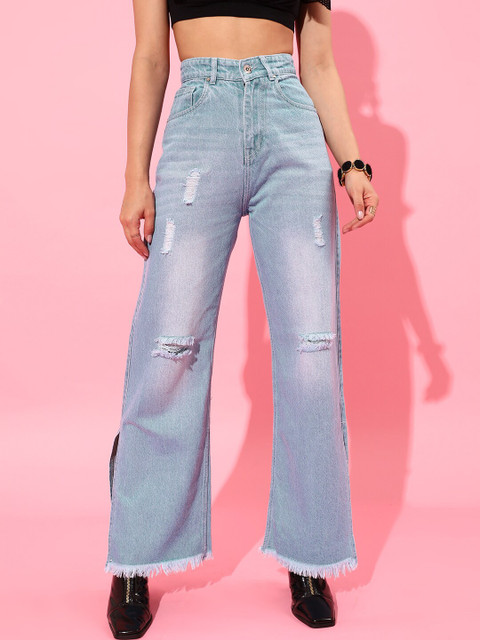 STREET 9 Women Blue Flared High-Rise Mildly Distressed Light Fade Pure Cotton Jeans