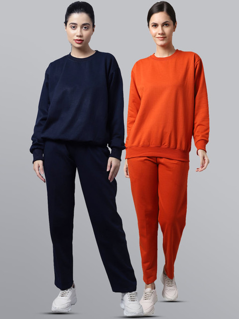 MACK JONNEY Women Pack Of 2 Navy Blue & Orange Solid Fleece Tracksuits
