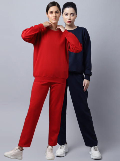 MACK JONNEY Women Pack of 2 Red & Navy Blue Solid Fleece Tracksuits
