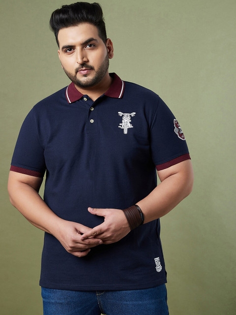 bigbanana Men Plus Size Navy Blue Polo Collar Bio Finish Pure Cotton T-shirt