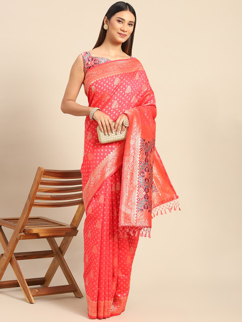 Anouk Pink & Gold-Toned Ethnic Motifs Silk Blend Dharmavaram Saree - Image 2