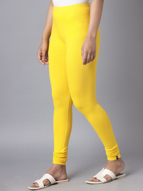 KEX Women Yellow Solid Churidar-Length Slim-Fit Cotton Leggings - Image 2