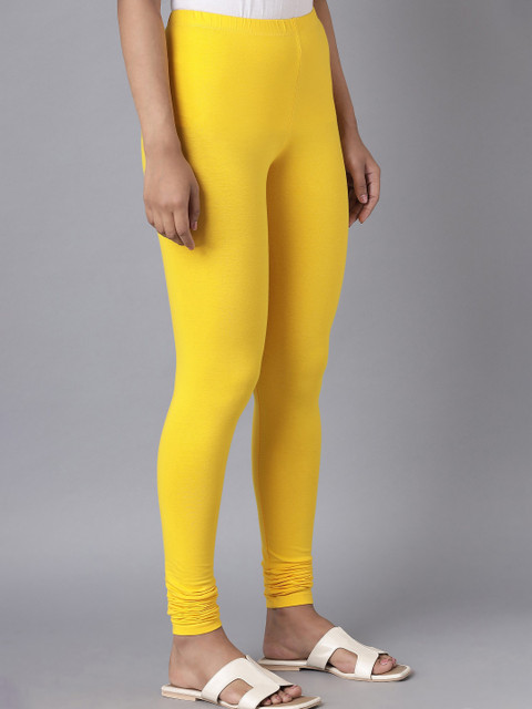 KEX Women Yellow Solid Churidar-Length Slim-Fit Cotton Leggings - Image 3