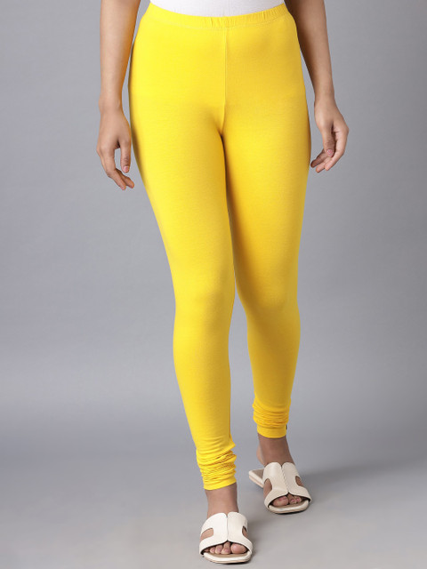 KEX Women Yellow Solid Churidar-Length Slim-Fit Cotton Leggings