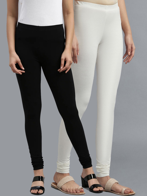 KEX Women Pack Of 2 White And Black Solid Churidar Length Leggings