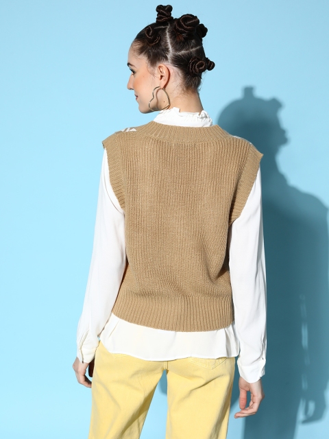 SASSAFRAS Women Brown & White Houndstooth Design Sweater Vest - Image 4