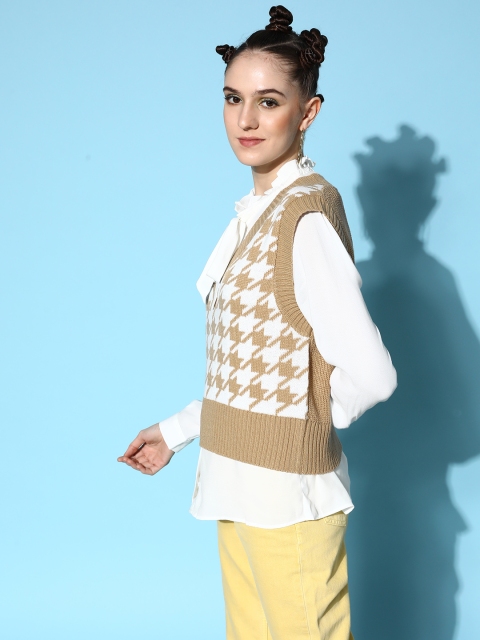 SASSAFRAS Women Brown & White Houndstooth Design Sweater Vest - Image 3