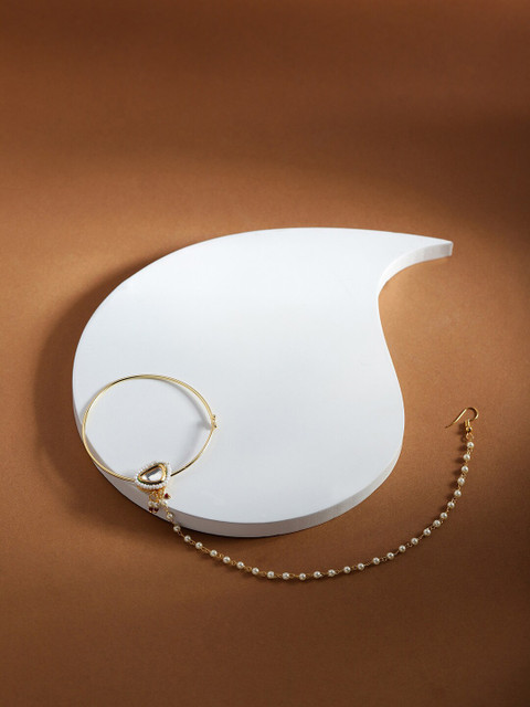 Ruby Raang Gold Plated White Kundan Studded Nose Pin with Beaded Extension