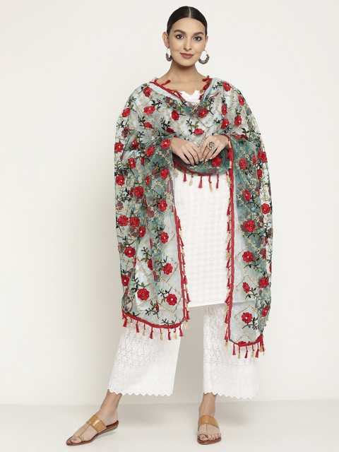 Sugathari Women Red & Green Embroidered Beads and Stones Dupatta - Image 3