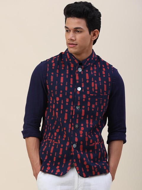 Fabindia Men Blue Printed Pure Cotton Nehru Jackets