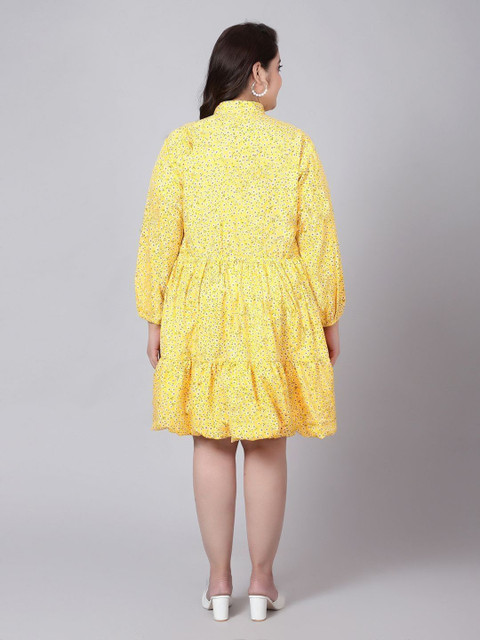 Indietoga Women Plus Size Yellow Floral Printed Tiered Dress - Image 5