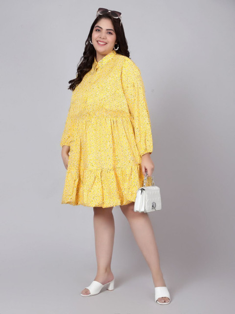 Indietoga Women Plus Size Yellow Floral Printed Tiered Dress - Image 6