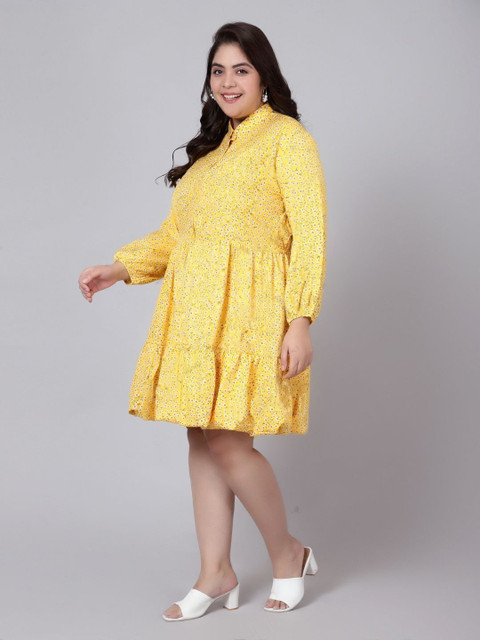 Indietoga Women Plus Size Yellow Floral Printed Tiered Dress - Image 4
