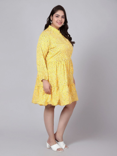 Indietoga Women Plus Size Yellow Floral Printed Tiered Dress - Image 3