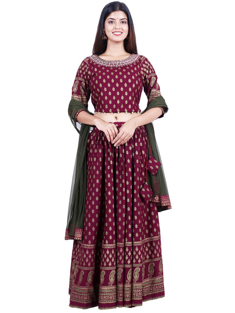 HERE&NOW Maroon & Gold-Toned Printed Ready to Wear Lehenga & Blouse With Dupatta