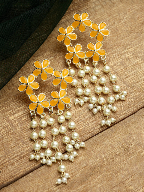 KARATCART Women Gold Plated Yellow Floral Drop Earrings