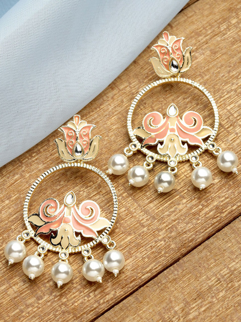 KARATCART women Gold Plated Peach-Coloured Circular Drop Earrings