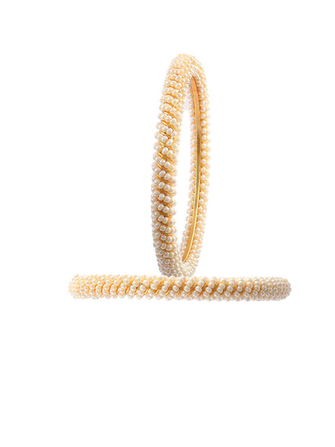 Jewar Mandi Set Of 2 Gold-Plated White Pearls Beaded Bangles