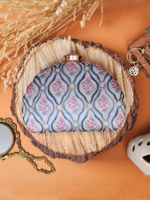 ARTKLIM Grey & Blue Printed Embroidered Half Moon Clutch