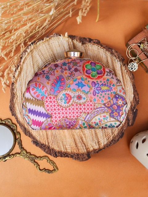 ARTKLIM Purple & Pink Printed Embroidered Half Moon Clutch