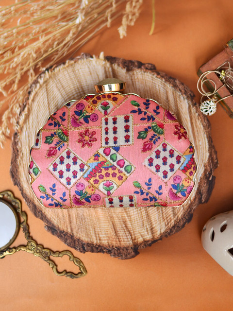 ARTKLIM Pink & Red Printed Embroidered Half Moon Clutch