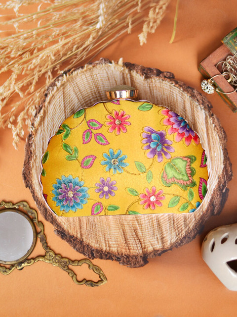 ARTKLIM Yellow & Blue Printed Embroidered Half Moon Clutch