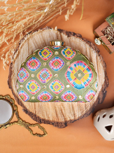 ARTKLIM Green & Yellow Printed Embroidered Half Moon Clutch