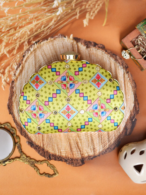 ARTKLIM Yellow & Pink Printed Embroidered Half Moon Clutch