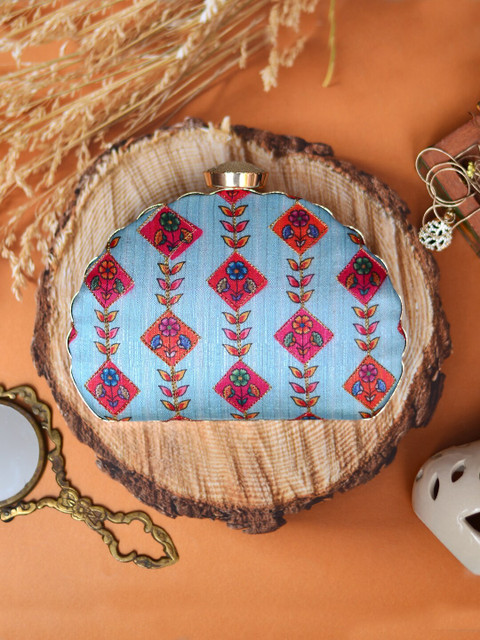 ARTKLIM Blue & Red Printed Embroidered Half Moon Clutch