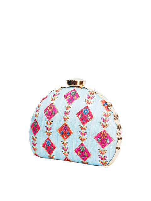 ARTKLIM Blue & Red Printed Embroidered Half Moon Clutch - Image 3