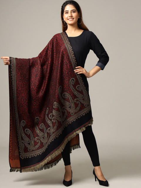 HANDICRAFT PALACE Women Black & Maroon Hand Woven Design Wool Shawl