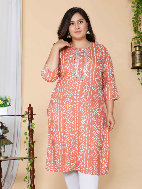 MIRAVAN Women Plus Size Peach-Coloured Bandhani Printed Kurta