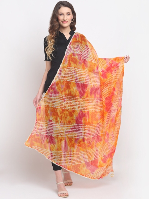 SOUNDARYA Women Orange & Pink Striped Pure Cotton Leheriya Dupatta