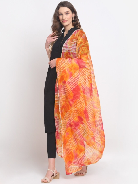SOUNDARYA Women Orange & Pink Striped Pure Cotton Leheriya Dupatta - Image 3