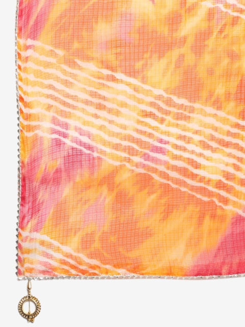 SOUNDARYA Women Orange & Pink Striped Pure Cotton Leheriya Dupatta - Image 2