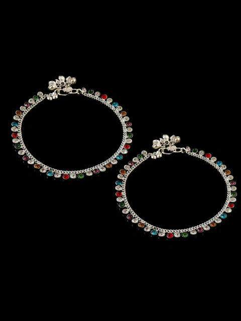 Jewar Mandi Women Silver-Plated Stone Studded Anklets