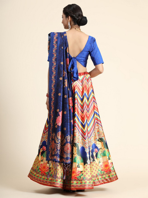 Kaizen TEXO FAB Blue & Red Printed Batik Semi-Stitched Lehenga & Blouse With Dupatta - Image 5